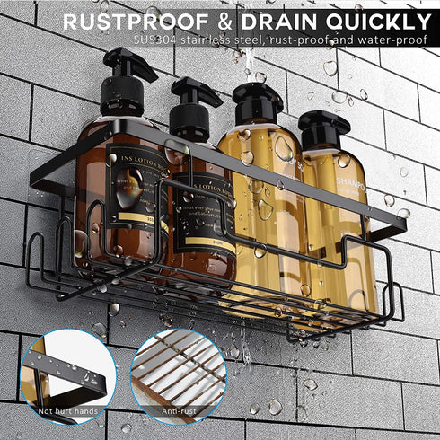 BBtang Shower Caddy, Shower Organizer Adhesive Wall Mounted Shelf with 11 Hooks, No Drilling Black Shower Racks Basket Shelves Stainless Steel Bathroom Storage Shampoo Holder for Toilet Kitchen 2 Pack