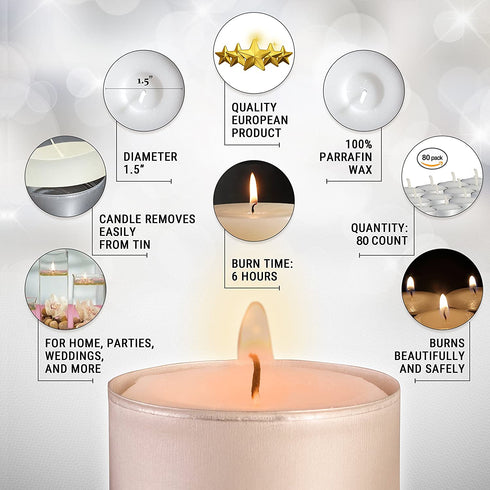Ner Mitzvah 6 Hour Tea Light Candles - 80 Pack Bulk Package - White Unscented Travel, Centerpiece, Decorative Candle with Maxi Burn Time - Pressed Wax