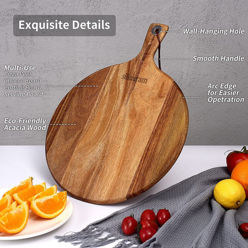 Silkceram Acacia Wood Pizza Peel, Round 12 Inch Wooden Cutting Boards, Cheese Paddle Board, Bread and Crackers Platter Serving Board 16"x12"x0.5"