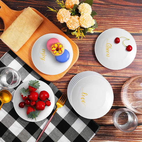8 Pieces Appetizer Plates Chip Resistant Snack Plates White Dessert Plates with Gold Celebration Words Multi-Purpose Serving Plates, 6 Inch