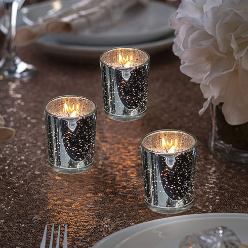 KISCO CANDLES: 10 Hour Votive Candles with Holders 12-Pack Silver Decorative Glass Home Decor, Beautiful Living Room, Kitchen, Bathroom Lighting | Long-Lasting Wax