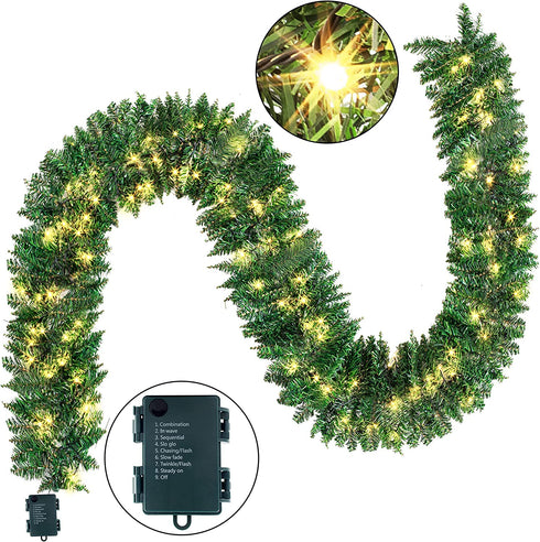 Joiedomi 9ft Christmas Garland Prelit with 100 LED Warm White String Lights, Battery Powered Holiday Decor for Winter Christmas