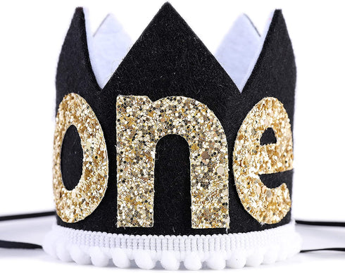 WAOUH Mr Onederful Hat for 1st Birthday - First Birthday Decoration for Baby's, Cake Smash Photo Prop, Glitter Crown for Girl or Boy (Black Golden Crown Hat)