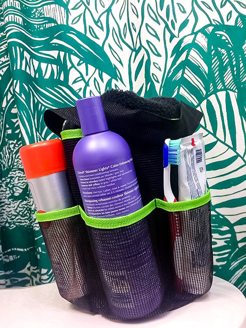 Camco Mesh Shower Caddy Organizer Tote with Pockets and Carry Handle, Dries Quick, Perfect for Dorms, Gym, Camping, the Beach and Travel, Organize Bathroom Toiletries and Products- Black (51997)