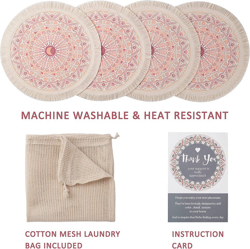 Pink Placemats Set of 4 - Round Placemats with Fringe are The Perfect Table Mats for Boho Baby Girl Shower Decorations. The Pink Boho Girls Party Decorations are Woven Cotton, Bohemian Place Mats.