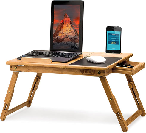 MORVAT Laptop Lap Desk with Storage Bed Desk Lap Tray with Built in Mouse Pad Adjustable Laptop Stand for Bed Writing Desk Lap Desk Bed Table Laptop Desk with Magnetic Drawer 100% Natural Bamboo Wood