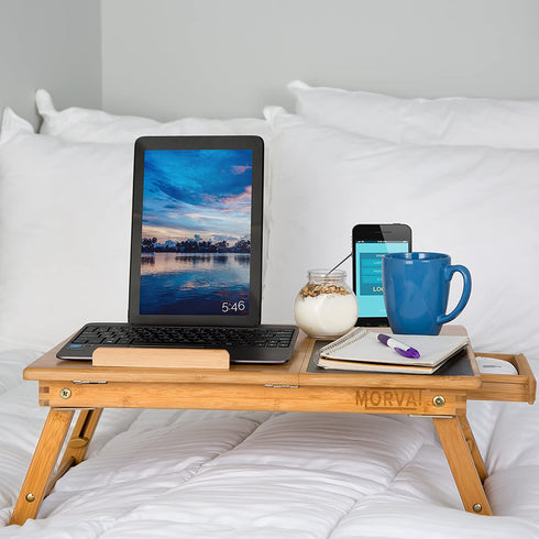 MORVAT Laptop Lap Desk with Storage Bed Desk Lap Tray with Built in Mouse Pad Adjustable Laptop Stand for Bed Writing Desk Lap Desk Bed Table Laptop Desk with Magnetic Drawer 100% Natural Bamboo Wood