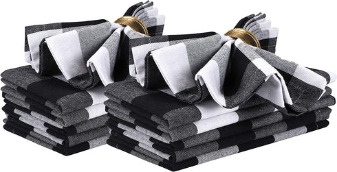 Gingham Buffalo Check Cloth Dinner Napkins Set of 12, 100% Cotton Checkered Wedding Dinner Napkins with Mitered Corners and Generous Hem - 18 x 18 Black White