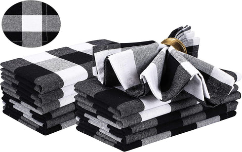 Gingham Buffalo Check Cloth Dinner Napkins Set of 12, 100% Cotton Checkered Wedding Dinner Napkins with Mitered Corners and Generous Hem - 18 x 18 Black White