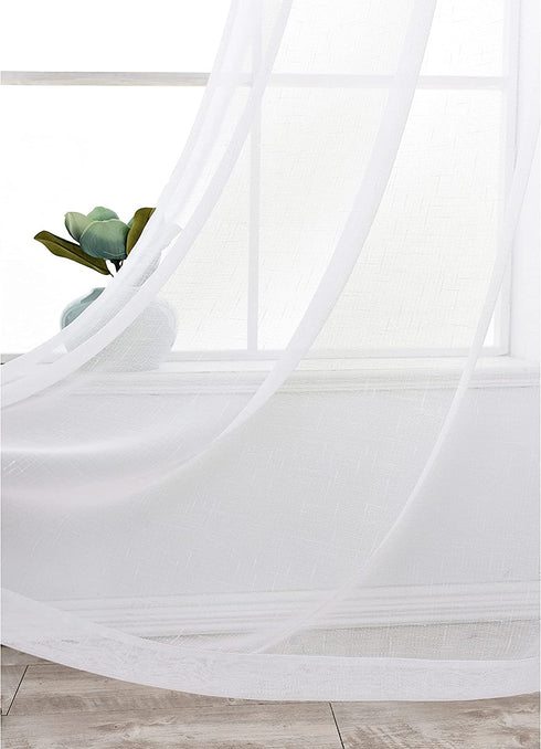 RNDRSSE Sheer Curtains Faux Linen Semi Voile Light Filtering Drapes Pair for Bedroom Living Room, Set of 2 Grommet Top Window Curtain Panels (Each 54 x 84 Inch, White)
