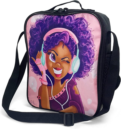 African American Black Girl Lunch Bag Insulated Lunch Box Tote for Kids Girls Toddler Teens Pink Reusable Canvas Lunch bags with Shoulder Strap