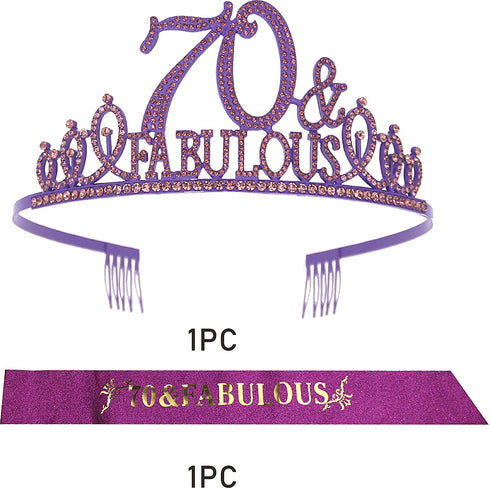 70th Birthday Gifts for Women,70th Birthday Tiara and Sash Purple,70th Birthday Decorations Party Supplies,70& Fabulous Birthday Satin Sash Crystal Tiara Birthday Crown for 70th Birthday Party Decor