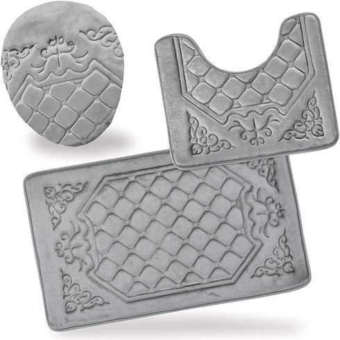 All American Collection 3PC Memory Foam Bath Mats Soft Plush Crown Design Anti-Slip Shower Bathroom Contour Toilet Lid Cover Rugs (Grey)