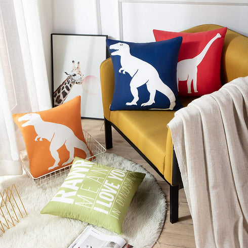 Emvency Set of 4 Throw Pillow Covers Dinosaur Tyrannosaurus in Rawr Brachiosaurus Red Navy Blue Prehistoric Paleontologist Decorative Pillow Cases Boys Room Home Decor Square 16x16 Inches Pillowcases