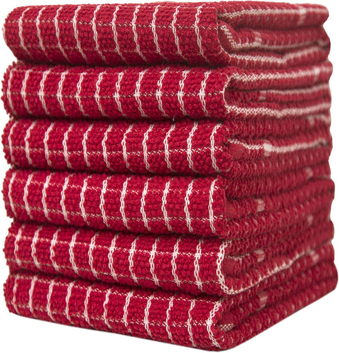 Pleasant Home Kitchen Towels (18" x 24", 6 Pack) Check Design - Solids and Multi- 320 GSM - Super Absorbent Kitchen Towels (Red, Solid Yarn Dyed)