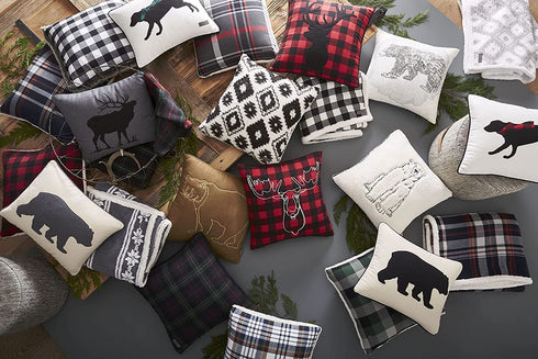 Eddie Bauer Home | Home Collection | 100% Fleece Signature Cabin Plaid Design Decorative Pillow, Zipper Closure, Easy Care Machine Washable, 20-inch Pillow, Black