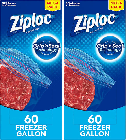 Ziploc Gallon Food Storage Freezer Bags, Grip 'n Seal Technology for Easier Grip, Open, and Close, 60 Count, Pack of 2 (120 Total Bags)
