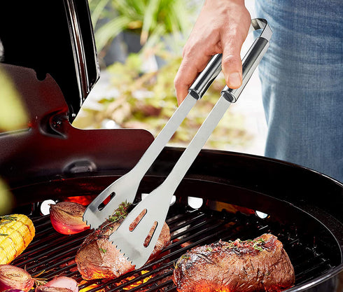 NewlineNY Stainless Steel BBQ Grill Tool Kit 5 PCS Set : Tong, Meat Fork, Basting Brush, Spatula, Knife + Carrying Bag for Picnic Camping Barbeque Cooking Grilling
