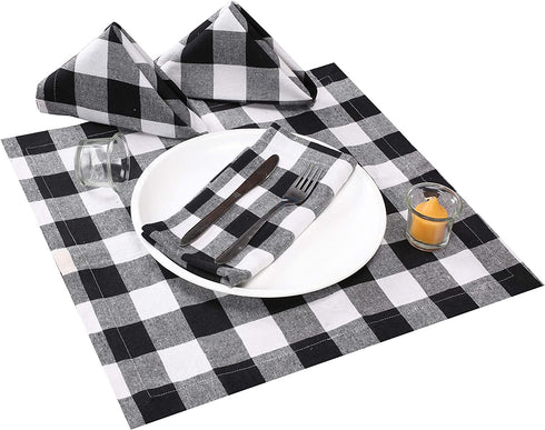 Gingham Buffalo Check Cloth Dinner Napkins Set of 12, 100% Cotton Checkered Wedding Dinner Napkins with Mitered Corners and Generous Hem - 18 x 18 Black White