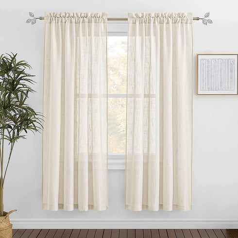 RYB HOME Living Room Sheer Curtains - Solid Linen Semi Sheer Panels Window Decorating Drapes, Rod Pocket Privacy Sheer for Kids Bedroom Playroom Cabin, Warm Beige, W 52 x L 72 inches, Set of 2