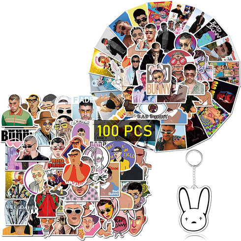 Kilmila Bad Pop Singer Bunny Stickers (100Pcs with Rabbit Keychain Pendant Decor) Gifts Bad Pop Singer Bunny Merch Part Supplies Vinyl Sticker Guitar Travel Case Sticker Decor Laptop Stickers