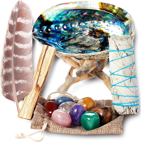 Sage Smudge Kit ~ White Sage Bundle ~ 8 Healing Chakra Stones ~ Abalone Shell & Stand ~ Smudging Feather ~ Cleanse Guide/Blessings ~ Smoke Cleansing Sage Smudge Sticks Healing Growing Manifesting
