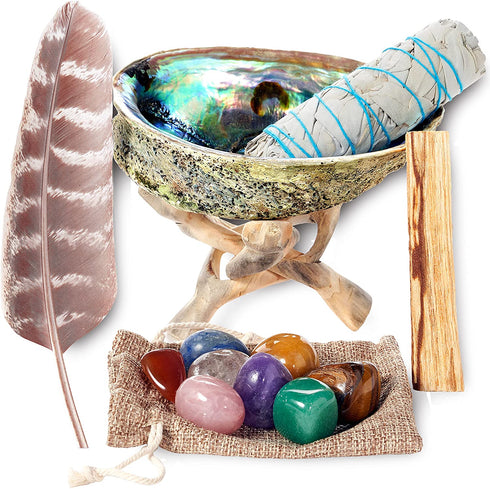 Sage Smudge Kit ~ White Sage Bundle ~ 8 Healing Chakra Stones ~ Abalone Shell & Stand ~ Smudging Feather ~ Cleanse Guide/Blessings ~ Smoke Cleansing Sage Smudge Sticks Healing Growing Manifesting