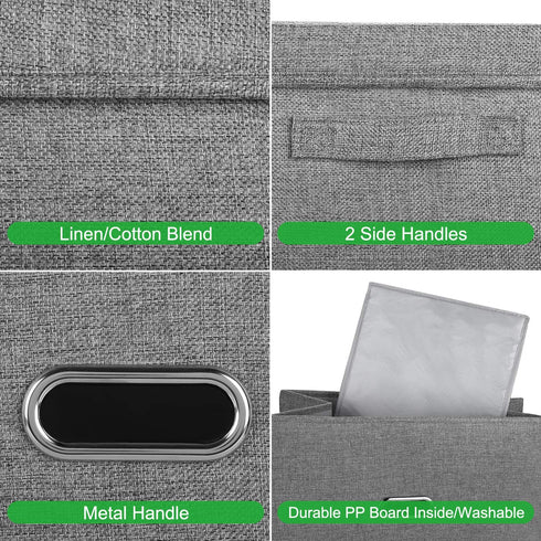 Valease Linen Fabric Collapsible Storage Bins with Removable Lids and Handles, Washable Storage Box Containers Baskets Cube with Cover for Bedroom,Closet,Office,Living Room,Nursery (Grey, Medium)