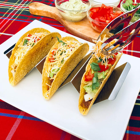6 Pack Jumbo Taco Holder Stands - Stainless Steel Taco Racks - Metal Taco Trays - Restaurant Grade Stainless Steel for Fuller Sized Tacos - Oven and Dishwasher Safe - Soft and Hard Shell Taco Holders