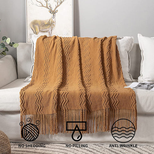 MIULEE Brown Throw Blanket for Couch,Boho Bed Decor Knitted Outdoor Blankets Throw Size with Tassels Cozy Woven for Sofa Home Chair Wave Pattern 50" x 60" Inches