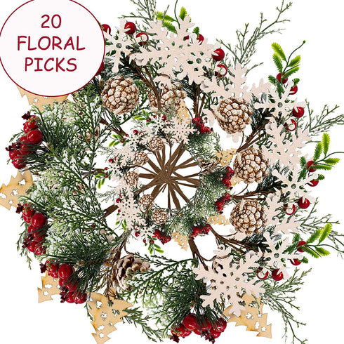 BANBERRY DESIGNS Woodsy Floral Picks Set of 10 Snow Tip Pinecone Red Berries Sprays Wooden Embellishments DIY for Christmas Garlands Wreaths Flower Arrangements Rustic Home Décor