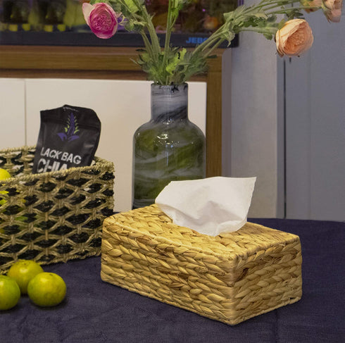 Hand Woven Square Tissue Box Cover Holder | Rustic Wicker Straw Tissue Paper Box Napkin Dispenser Organizer for Kitchen, Bathroom and Office (Water Hyacinth) (Rectangular)