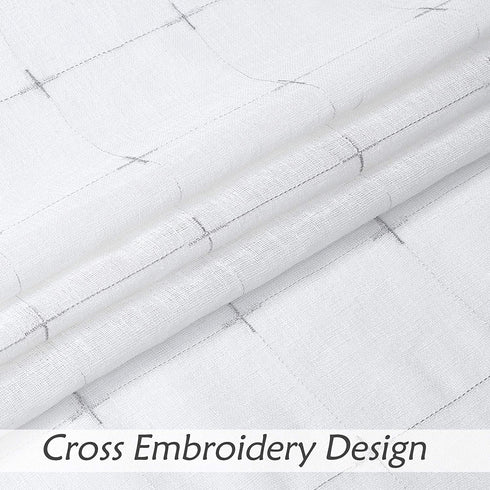 Central Park White Semi Sheer Curtain Gray GEO Cross Embroidery Panels Linen Texture Rod Pocket Window Treatment Drape Sets for Living and Bedroom Farmhouse 84 inches Long, 2 Panels, White