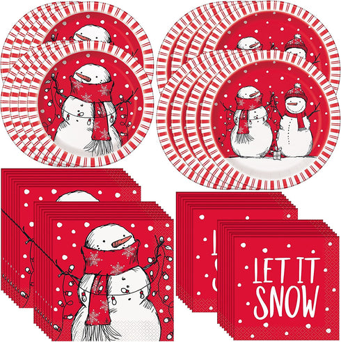 Unique Red Stripes Snowman Dinnerware Party Bundle | Dinner & Dessert Plates, Large & Small Napkins | Candy Cane Paper Disposable Kids Christmas Holiday Dessert Dinner Set