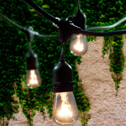 Lemontec Commercial Grade Outdoor String Lights with 15 Hanging Sockets - 48 Ft Black Weatherproof Cord Weatherproof Strand for Patio Garden Porch Backyard Party Deck Yard S14 Black
