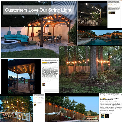 Lemontec Commercial Grade Outdoor String Lights with 15 Hanging Sockets - 48 Ft Black Weatherproof Cord Weatherproof Strand for Patio Garden Porch Backyard Party Deck Yard S14 Black
