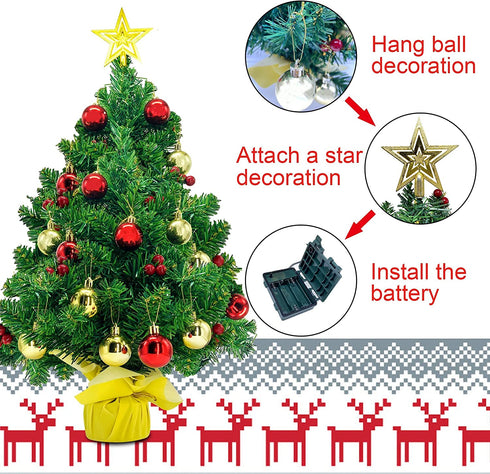 CREPRO 2ft Pre-lit Christmas Tree, Artificial Mini Christmas Tree with Lights and Christmas Ornaments, Tabletop Christmas Trees with Star Treetop for Xmas Home Party Holiday DIY Decorations(Gold)