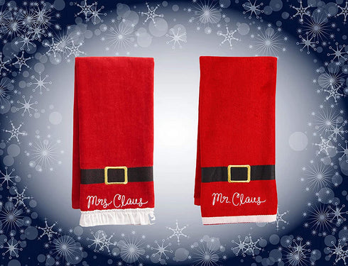 St. Nicholas Square Christmas Towels, Red Bath Hand Towel Set of 2, Mr. & Mrs. Claus with Santa Belt Decorative Design 25 x 16 Inches Bathroom Decorating for The Holidays