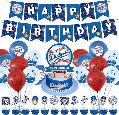 32 Pcs Dodgers Theme Birthday Party Decorations,Party Supply Set for Kids with 1 Happy Birthday Banner Garland , 13 Cupcake Toppers, 18 Balloons for Los Angeles Party Decorations