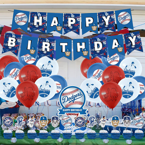 32 Pcs Dodgers Theme Birthday Party Decorations,Party Supply Set for Kids with 1 Happy Birthday Banner Garland , 13 Cupcake Toppers, 18 Balloons for Los Angeles Party Decorations