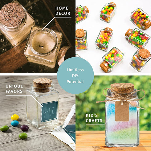 Otis Classic Square Glass Jars with Lids - Set of 12 Mini Glass Jars with Corks for Wedding & Party Favors, DIY Crafts, Potions, Spices & Candy, 3.4 oz