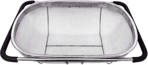 Makerstep Over the Sink Colander Strainer Basket Stainless Steel, For Kitchen Sink with Rubber Grip, Fine Mesh, Large Kitchen Gadgets Tools, Expandable Metal Pasta Strainer Home Kitchen Essentials