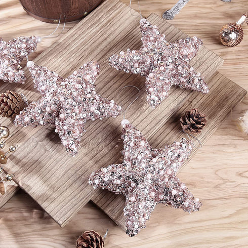 6" Five-Pointed Star Christmas Ornaments,4pc Set Cham/Rose Christmas Decorations Star for Xmas Trees Hanging Ornaments, Wedding Party Holiday Decorations (Cham/Rose)