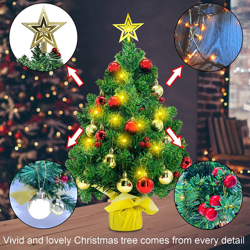 CREPRO 2ft Pre-lit Christmas Tree, Artificial Mini Christmas Tree with Lights and Christmas Ornaments, Tabletop Christmas Trees with Star Treetop for Xmas Home Party Holiday DIY Decorations(Gold)