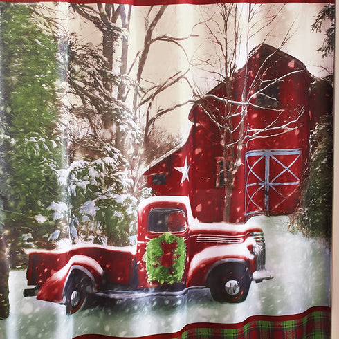 The Lakeside Collection Christmas Shower Curtain with Vintage Red Truck, Barn and Holiday Trees