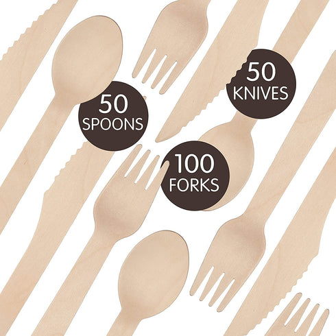 Greenly Wood 200 Pack Disposable Wooden Utensils Set | All Natural Birchwood Biodegradable Compostable Cutlery (100 Forks, 50 Spoons, 50 Knives)