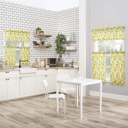 No. 918 Sunbeam Sunflower Print Semi-Sheer Rod Pocket Kitchen Curtain Valance and Tiers Set, 54 in x 24 in (3 Piece), Yellow