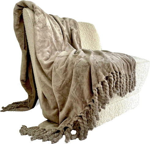 Odds & Ends Home Fleece Blanket Twin Size with Tassels - Super Soft Plush Tan Throw Blankets for Bed, Sofa, Couch, Outdoor, 60x87 Inches