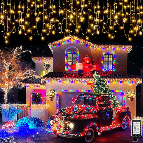 Christmas Lights Outdoor Decorations Iciclelights 39ft 450 LED Dripping Twinkle Ice String Light, 8 Modes Plug in Waterproof Fairy Curtain Lights for House Holiday Patio Yard Party Decor(Warm White)