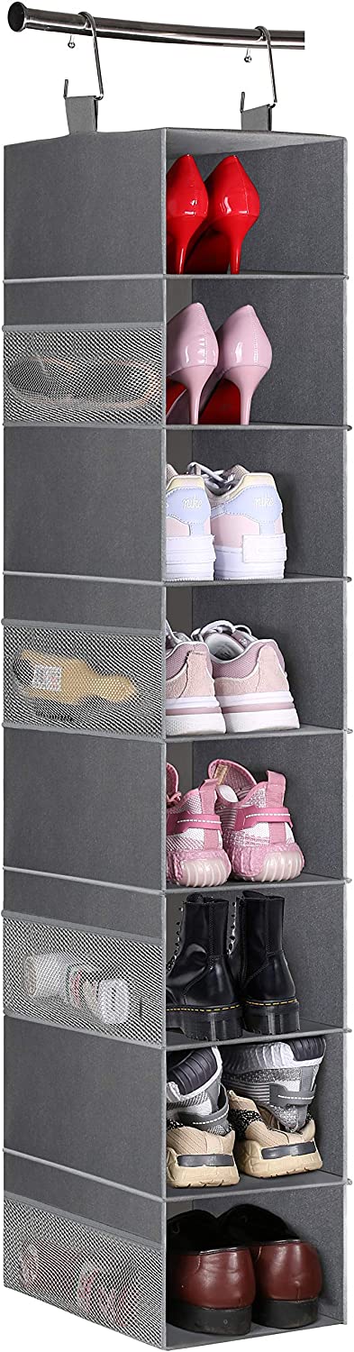MISSLO 8-Shelf Hanging Shoe Organizer Clothes Closet Organizers and Storage Shelves Hat Holder with Large Shelf and Side Mesh Pockets for Hats Handbags Kid Sweater, Grey